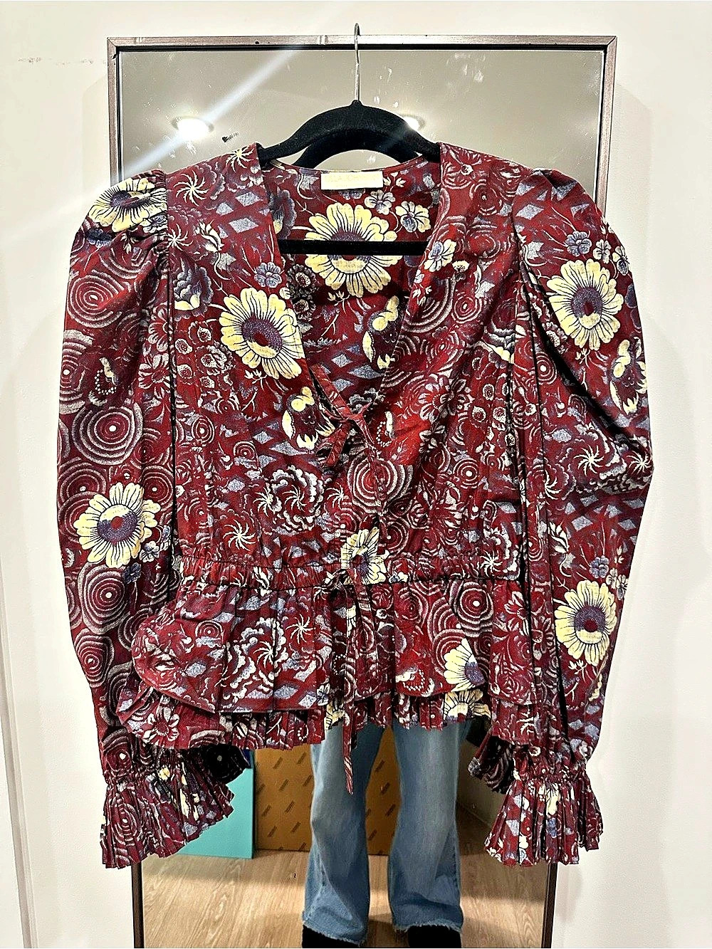 Ulla Johnson Ren Blouse Floral Ruffle Top Red & White Size 4